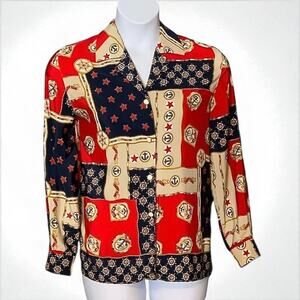 Vintage Alina Pucci Italy Satin Nautical Print Blouse Size M Red Navy Gold Chic